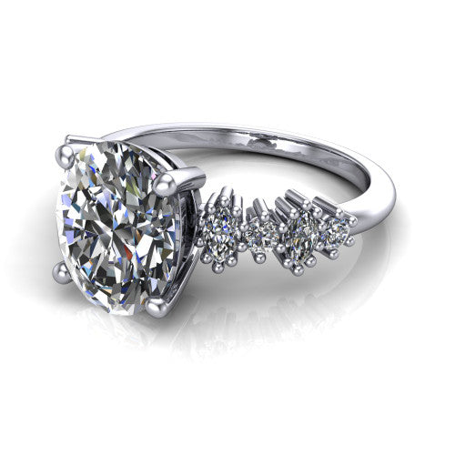 Piper oval cluster accent engagement ring in Platinum with marquise-and-round side stones, three-quarter perspective view