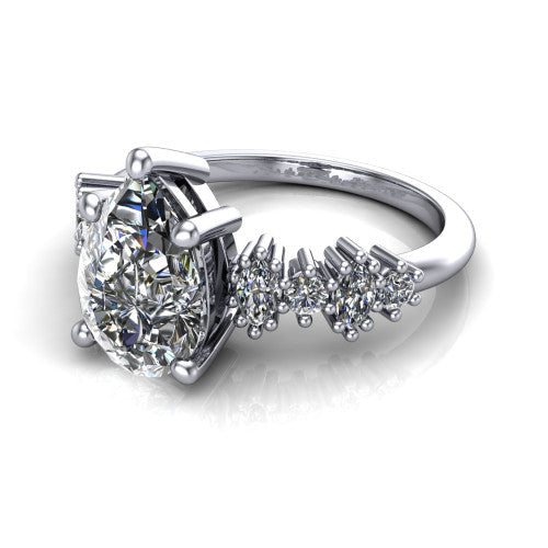 Piper pear cluster accent engagement ring in Platinum with marquise-and-round side stones, three-quarter perspective view