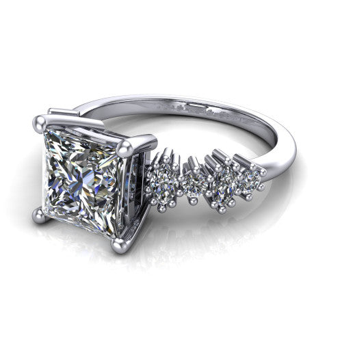 Piper princess cluster accent engagement ring in Platinum with marquise-and-round side stones, three-quarter perspective view