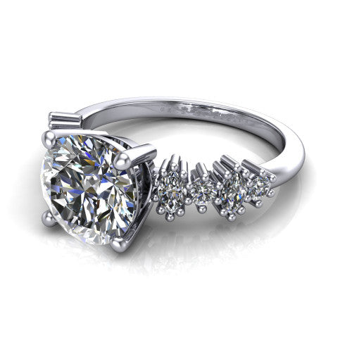 Piper round cluster accent engagement ring in Platinum with marquise-and-round side stones, three-quarter perspective view