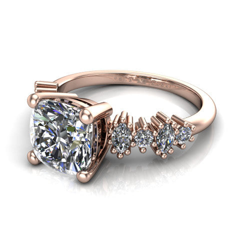 Piper cushion cluster accent engagement ring in 14K Rose Gold with marquise-and-round side stones, three-quarter perspective view