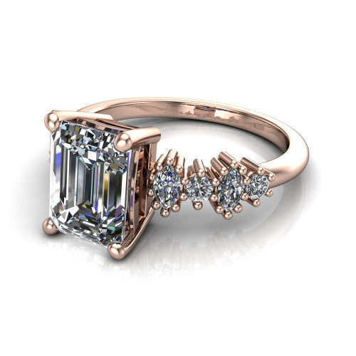 Piper emerald cluster accent engagement ring in 14K Rose Gold with marquise-and-round side stones, three-quarter perspective view