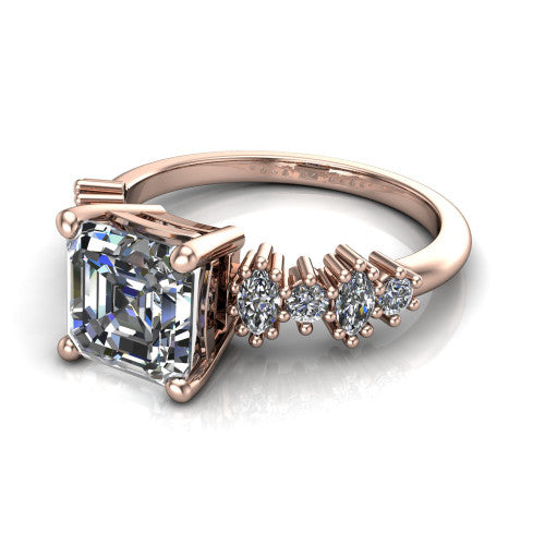 Piper asscher cluster accent engagement ring in 14K Rose Gold with marquise-and-round side stones, three-quarter perspective view
