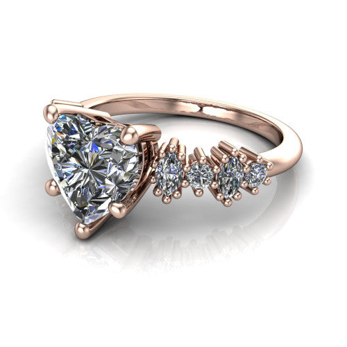 Piper heart cluster accent engagement ring in 14K Rose Gold with marquise-and-round side stones, three-quarter perspective view