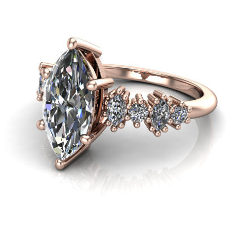 Piper marquise cluster accent engagement ring in 14K Rose Gold with marquise-and-round side stones, three-quarter perspective view