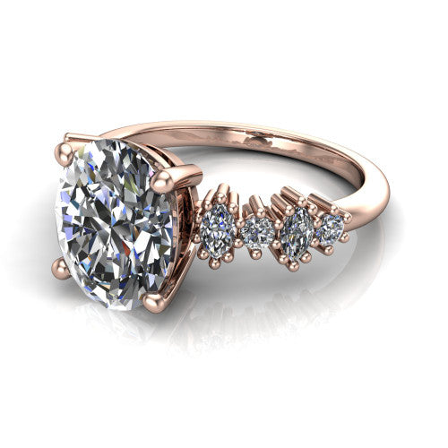 Piper oval cluster accent engagement ring in 18K Rose Gold with marquise-and-round side stones, three-quarter perspective view
