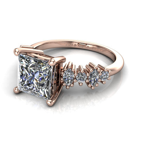 Piper princess cluster accent engagement ring in 18K Rose Gold with marquise-and-round side stones, three-quarter perspective view