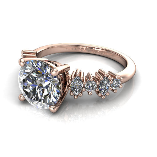 Piper round cluster accent engagement ring in 14K Rose Gold with marquise-and-round side stones, three-quarter perspective view