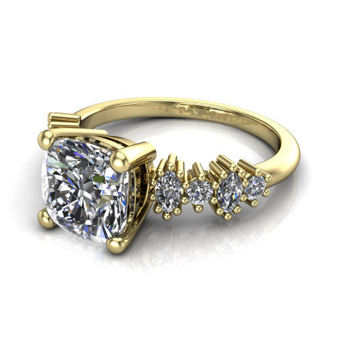 Piper cushion cluster accent engagement ring in 18K Yellow Gold with marquise-and-round side stones, three-quarter perspective view