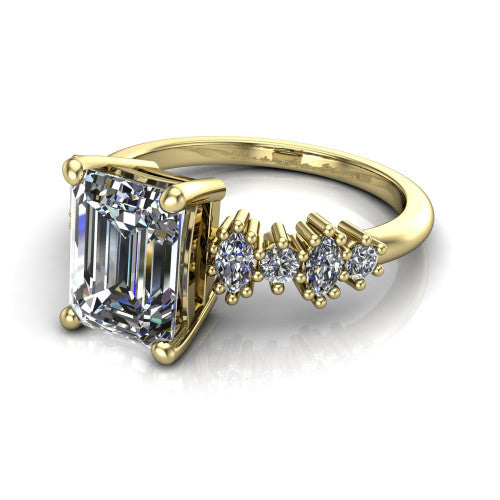 Piper emerald cluster accent engagement ring in 14K Yellow Gold with marquise-and-round side stones, three-quarter perspective view