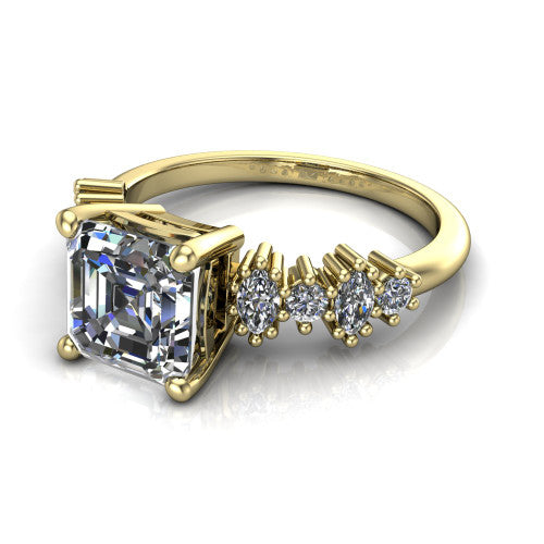 Piper asscher cluster accent engagement ring in 14K Yellow Gold with marquise-and-round side stones, three-quarter perspective view