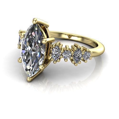 Piper marquise cluster accent engagement ring in 18K Yellow Gold with marquise-and-round side stones, three-quarter perspective view