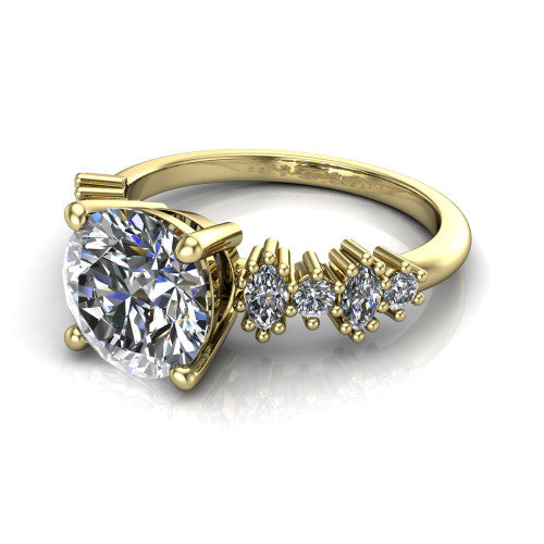 Piper round cluster accent engagement ring in 18K Yellow Gold with marquise-and-round side stones, three-quarter perspective view