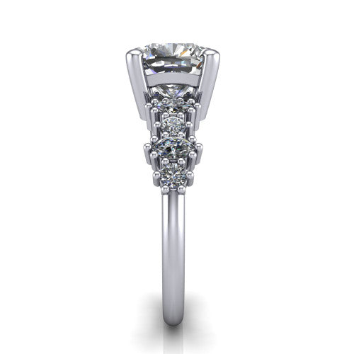 Piper cushion cluster accent engagement ring in 14K White Gold with marquise-and-round side stones, side profile showing the plain band and side accent cluster
