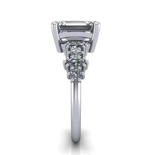 Piper emerald cluster accent engagement ring in 18K White Gold with marquise-and-round side stones, side profile showing the plain band and side accent cluster