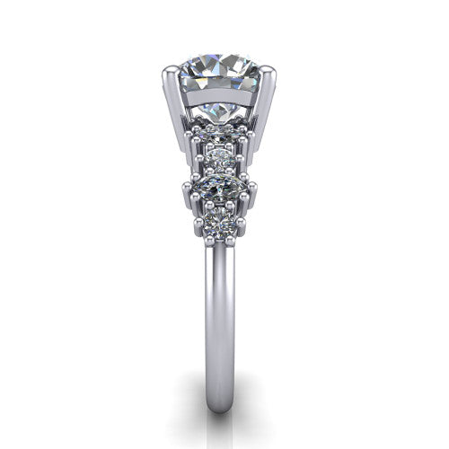Piper round cluster accent engagement ring in 14K White Gold with marquise-and-round side stones, side profile showing the plain band and side accent cluster