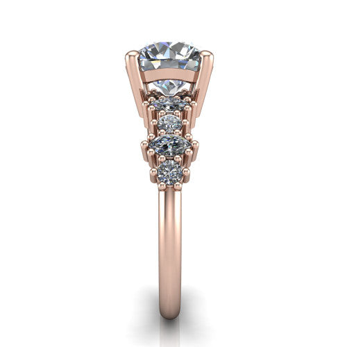 Piper round cluster accent engagement ring in 18K Rose Gold with marquise-and-round side stones, side profile showing the plain band and side accent cluster