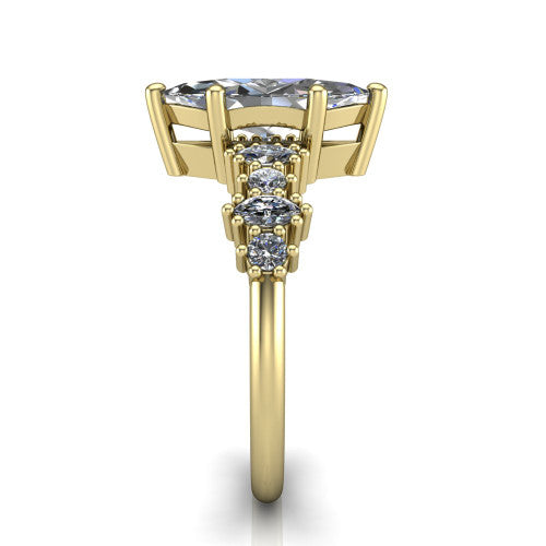 Piper marquise cluster accent engagement ring in 18K Yellow Gold with marquise-and-round side stones, side profile showing the plain band and side accent cluster