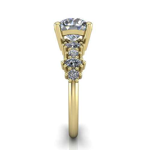 Piper round cluster accent engagement ring in 18K Yellow Gold with marquise-and-round side stones, side profile showing the plain band and side accent cluster