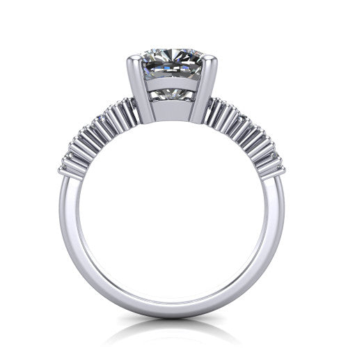 Piper cushion cluster accent engagement ring in 18K White Gold with marquise-and-round side stones, through-finger front profile