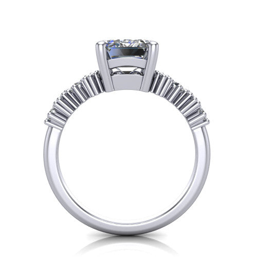 Piper emerald cluster accent engagement ring in Platinum with marquise-and-round side stones, through-finger front profile