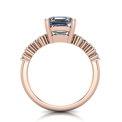 Piper asscher cluster accent engagement ring in 18K Rose Gold with marquise-and-round side stones, through-finger front profile