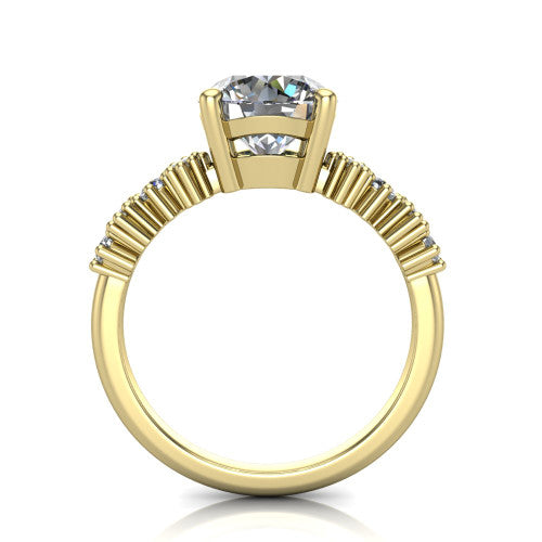 Piper round cluster accent engagement ring in 18K Yellow Gold with marquise-and-round side stones, through-finger front profile