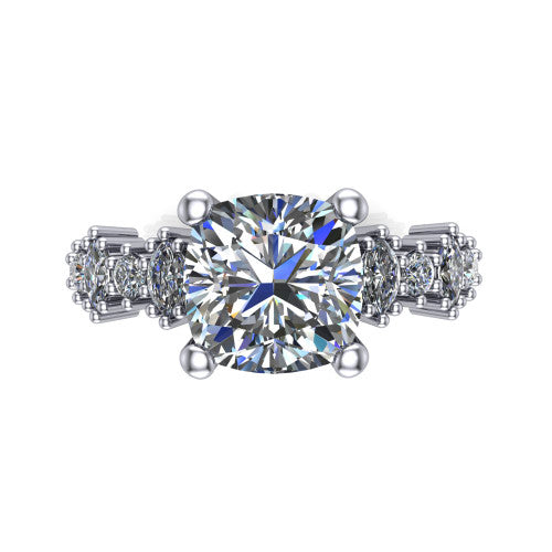 Piper cushion cluster accent engagement ring in 18K White Gold with marquise-and-round side stones, top-down view of the center and marquise-and-round side clusters