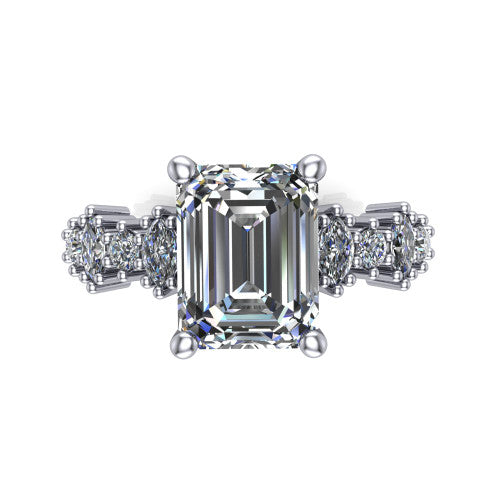 Piper emerald cluster accent engagement ring in 14K White Gold with marquise-and-round side stones, top-down view of the center and marquise-and-round side clusters