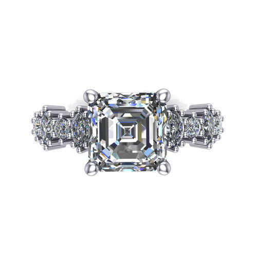 Piper asscher cluster accent engagement ring in 14K White Gold with marquise-and-round side stones, top-down view of the center and marquise-and-round side clusters