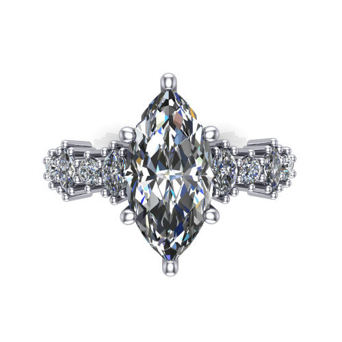 Piper marquise cluster accent engagement ring in 14K White Gold with marquise-and-round side stones, top-down view of the center and marquise-and-round side clusters