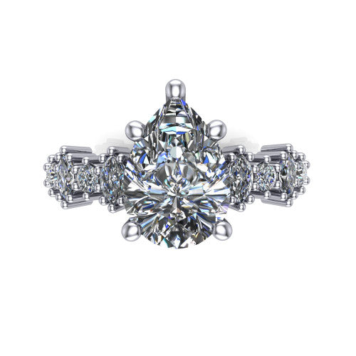 Piper pear cluster accent engagement ring in 14K White Gold with marquise-and-round side stones, top-down view of the center and marquise-and-round side clusters