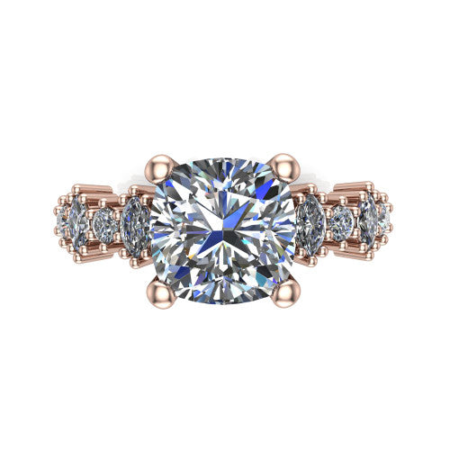 Piper cushion cluster accent engagement ring in 14K Rose Gold with marquise-and-round side stones, top-down view of the center and marquise-and-round side clusters