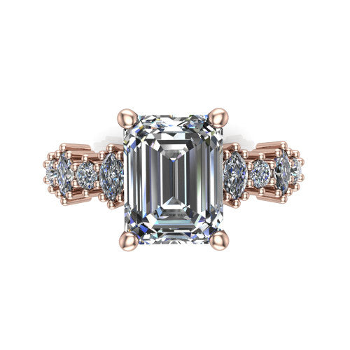 Piper emerald cluster accent engagement ring in 14K Rose Gold with marquise-and-round side stones, top-down view of the center and marquise-and-round side clusters