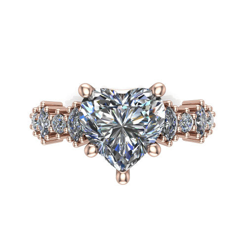 Piper heart cluster accent engagement ring in 14K Rose Gold with marquise-and-round side stones, top-down view of the center and marquise-and-round side clusters