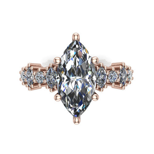 Piper marquise cluster accent engagement ring in 18K Rose Gold with marquise-and-round side stones, top-down view of the center and marquise-and-round side clusters