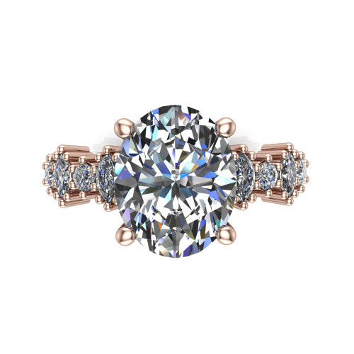 Piper oval cluster accent engagement ring in 18K Rose Gold with marquise-and-round side stones, top-down view of the center and marquise-and-round side clusters