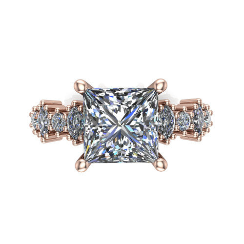 Piper princess cluster accent engagement ring in 18K Rose Gold with marquise-and-round side stones, top-down view of the center and marquise-and-round side clusters