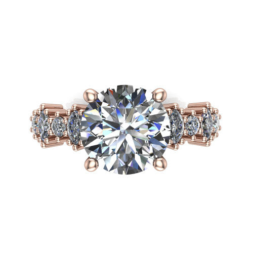 Piper round cluster accent engagement ring in 18K Rose Gold with marquise-and-round side stones, top-down view of the center and marquise-and-round side clusters