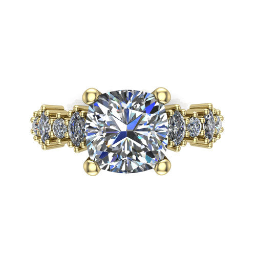 Piper cushion cluster accent engagement ring in 14K Yellow Gold with marquise-and-round side stones, top-down view of the center and marquise-and-round side clusters