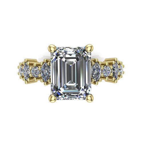 Piper emerald cluster accent engagement ring in 18K Yellow Gold with marquise-and-round side stones, top-down view of the center and marquise-and-round side clusters