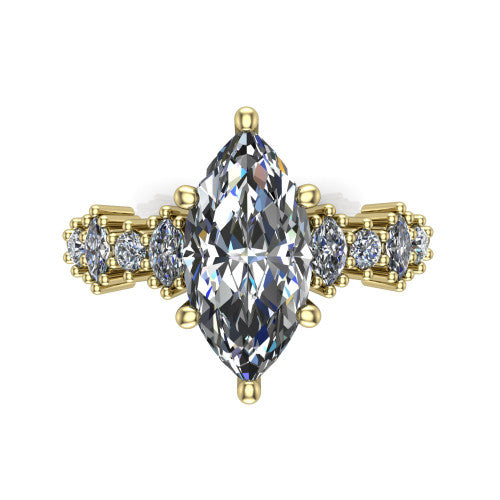 Piper marquise cluster accent engagement ring in 18K Yellow Gold with marquise-and-round side stones, top-down view of the center and marquise-and-round side clusters