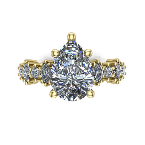 Piper pear cluster accent engagement ring in 18K Yellow Gold with marquise-and-round side stones, top-down view of the center and marquise-and-round side clusters