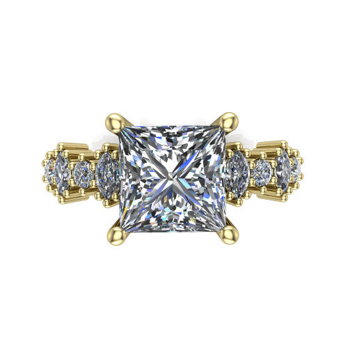 Piper princess cluster accent engagement ring in 14K Yellow Gold with marquise-and-round side stones, top-down view of the center and marquise-and-round side clusters