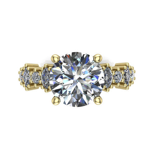 Piper round cluster accent engagement ring in 18K Yellow Gold with marquise-and-round side stones, top-down view of the center and marquise-and-round side clusters