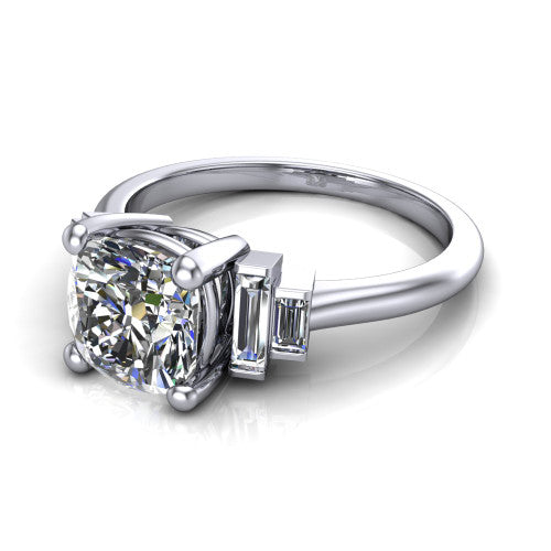 Jolene cushion five stone engagement ring in Platinum with bar-set emerald-cut side stones, three-quarter perspective view