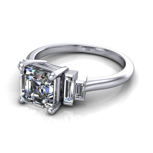 Jolene asscher five stone engagement ring in Platinum with bar-set emerald-cut side stones, three-quarter perspective view