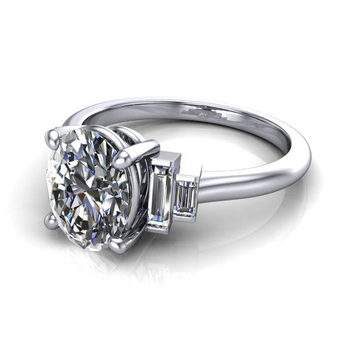 Jolene oval five stone engagement ring in Platinum with bar-set emerald-cut side stones, three-quarter perspective view