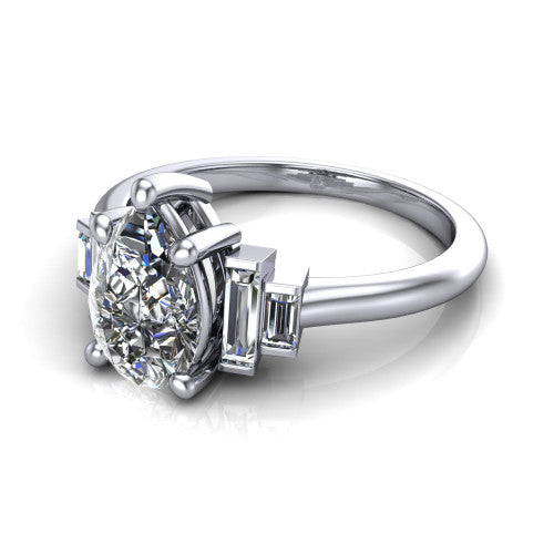 Jolene pear five stone engagement ring in 18K White Gold with bar-set emerald-cut side stones, three-quarter perspective view