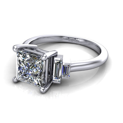Jolene princess five stone engagement ring in 18K White Gold with bar-set emerald-cut side stones, three-quarter perspective view